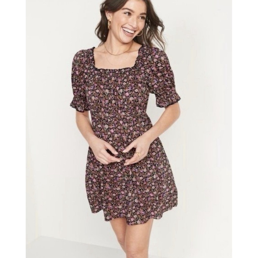 Old Navy Women's Navy Puff Floral Sleeve Tiered Smocked Mini Swing Dress Size XL